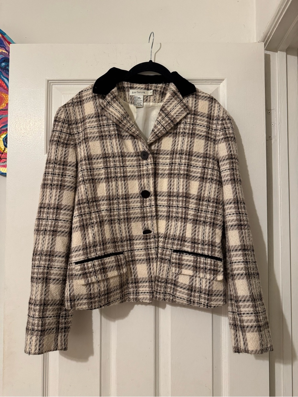 Vintage Ann Taylor Black & Cream Plaid Wool Tweed Blazer